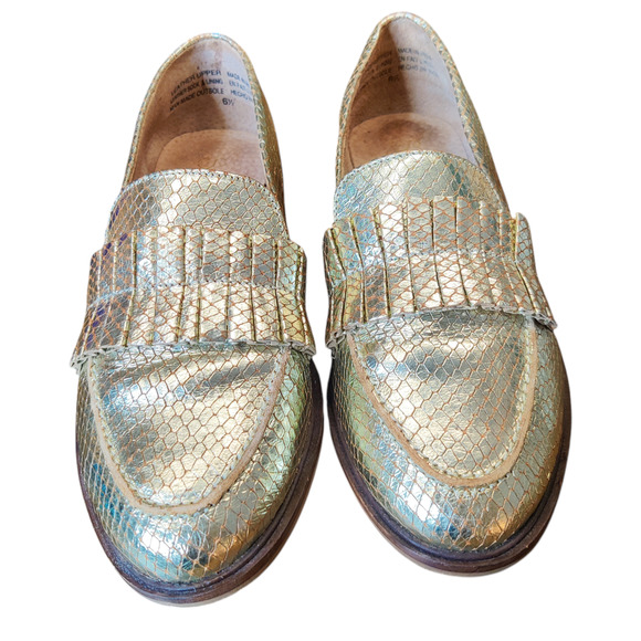 Seychelles Gold Metallic Powerful Leather Snakeskin Fringe Loafers 6.5 Holiday - Picture 2 of 13